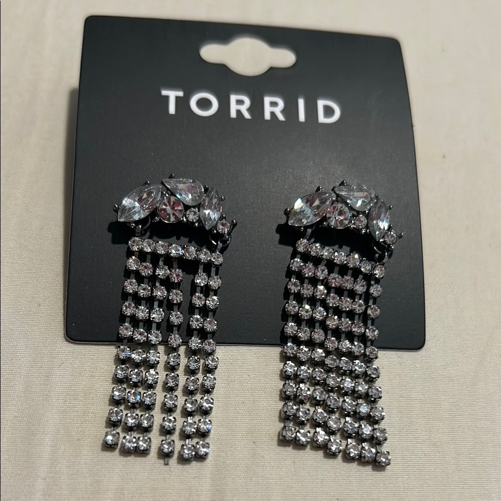 Torrid Rhinestone Fringe Dangle Pierced Earrings with Stone Cluster - Picture 4 of 11